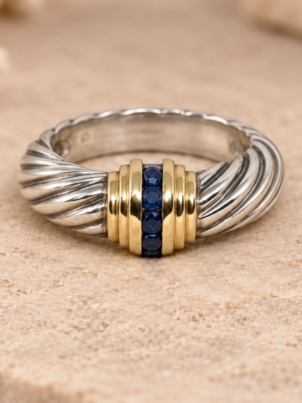 David Yurman Sterling Silver 14K Gold Sapphire Ring size 5.34 w/pouch